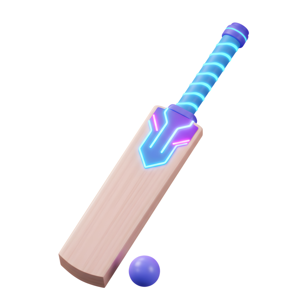 A vibrant cricket bat glows with neon energy, a futuristic twist on a classic sport. The sleek design and bright colors create a dynamic, exciting mood. png