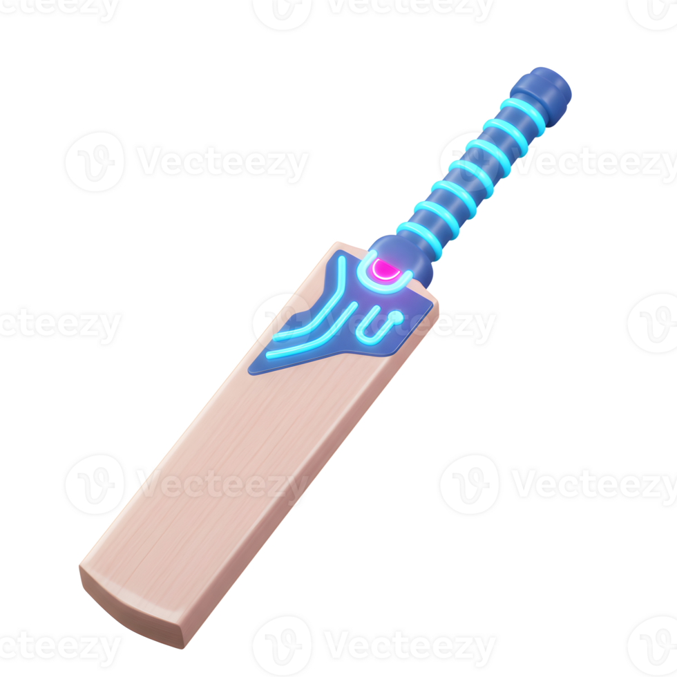 A sleek cricket bat, its wooden body enhanced by vibrant neon blue accents and a glowing pink core. Cool, futuristic design png