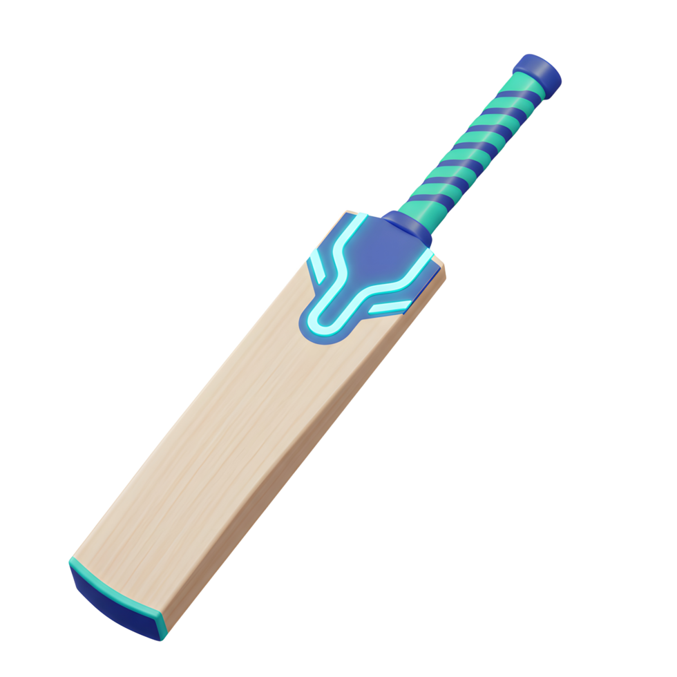 A sleek cricket bat with a vibrant teal and blue design stands out. The wooden bat's modern aesthetic is eye-catching and fun. png