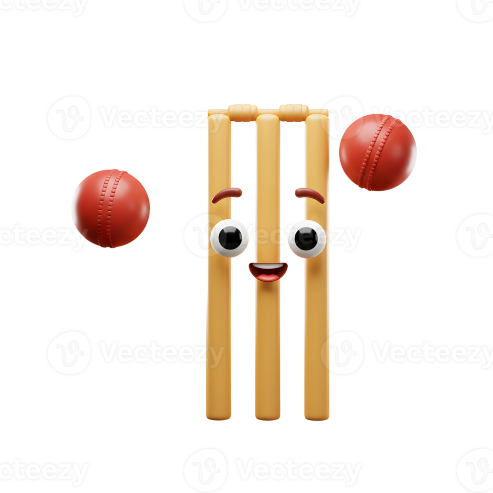 Smiling cricket wickets await incoming red balls. A fun, cartoonish scene filled with playful energy and bright colors. png