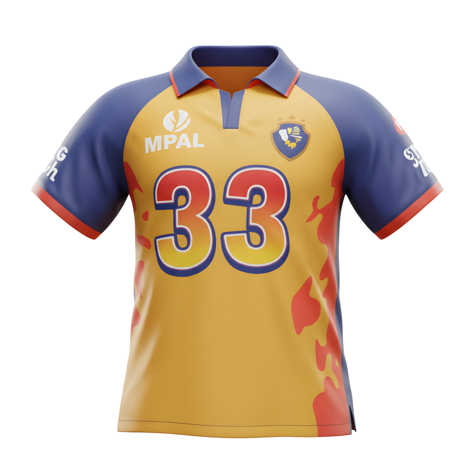 A vibrant yellow sports jersey with bold number 33, accented by fiery orange and navy blue. The design is energetic and eye-catching png