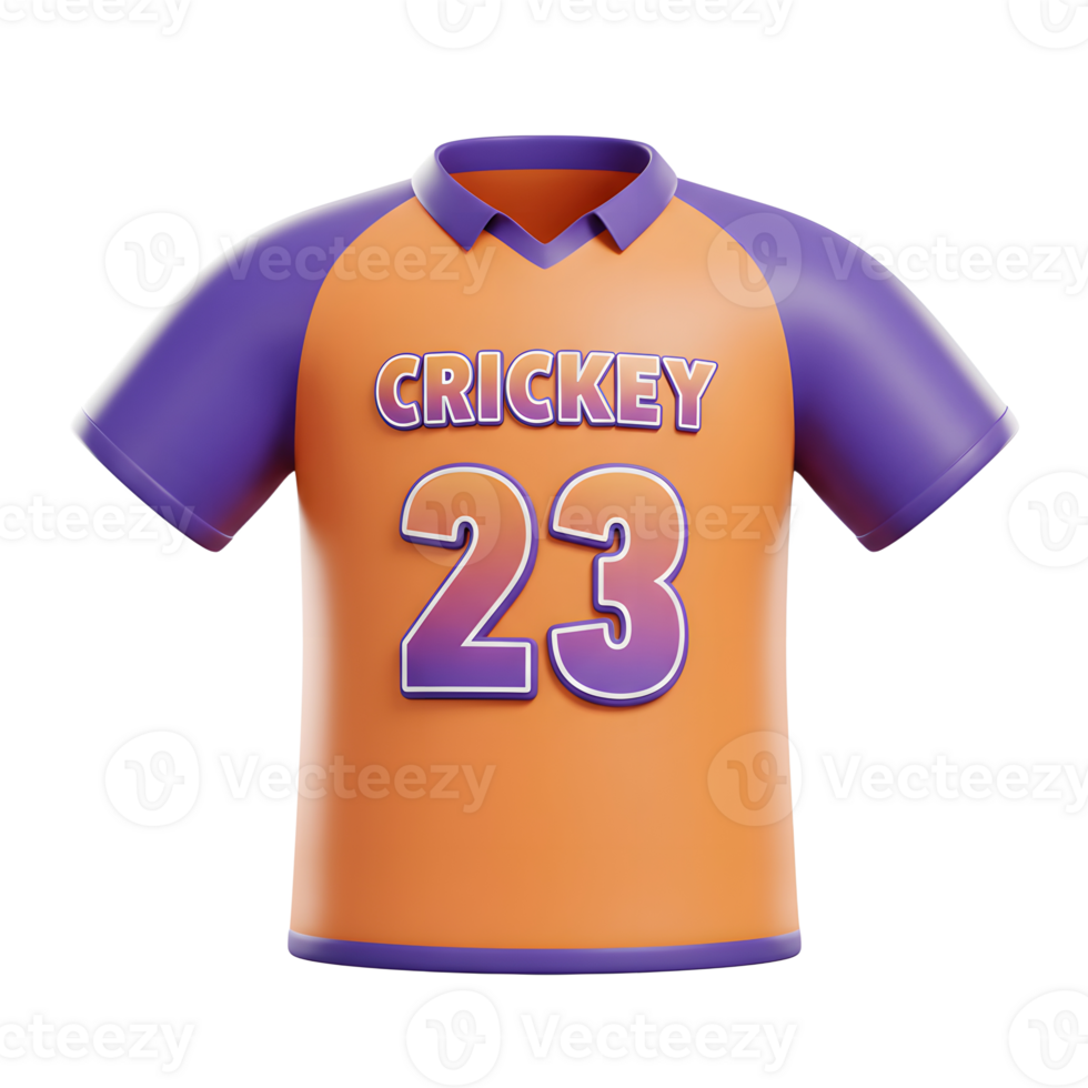 A vibrant orange cricket jersey with purple accents, number 23, and the word 'CRICKEY' displayed. Fun, sporty, and eye-catching png