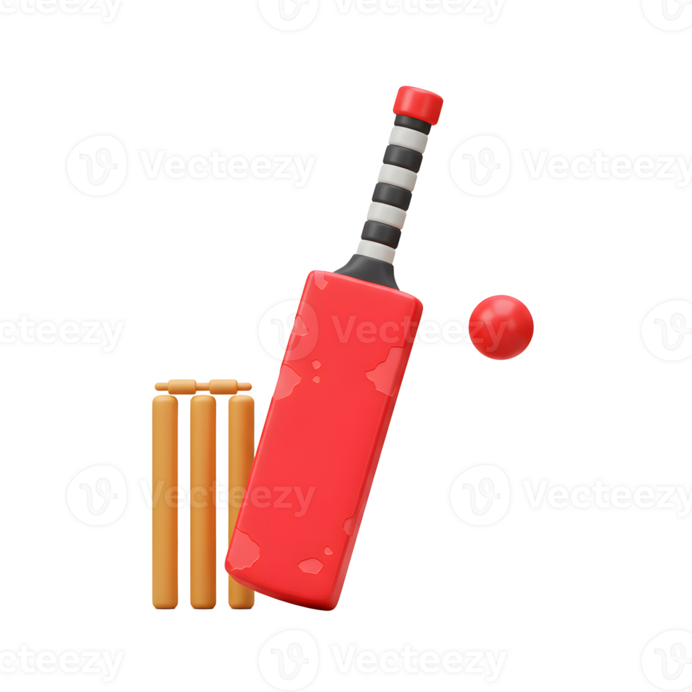 A vibrant red cricket bat poised near a wicket, a red ball in mid-air. Playful 3D style evokes a sense of fun and action. png