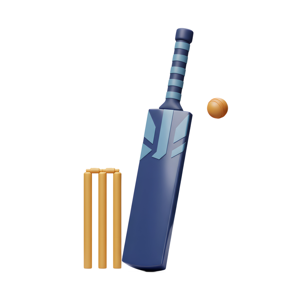 A stylish 3D rendering showcases a cricket bat poised near wickets, a ball in mid-air, creating a dynamic and sporty feel. png