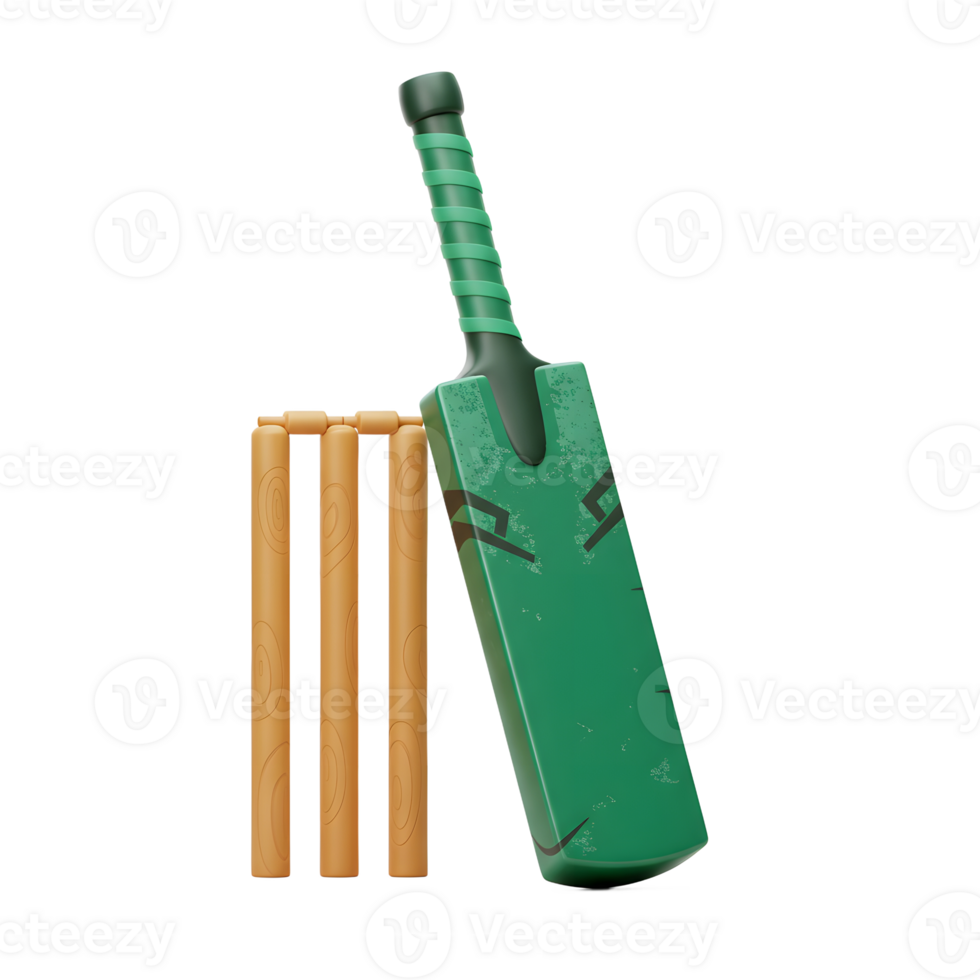 A vibrant green cricket bat leans against golden wickets, creating a dynamic and playful sports illustration. The textured bat and simple wickets evoke a sense of classic sporting charm. png