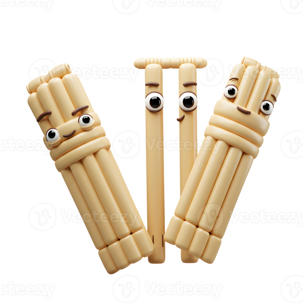 Three cheerful cricket wickets, styled as cute cartoon characters, stand together in a playful scene. Their bubbly design and happy expressions create a lighthearted and fun mood. png