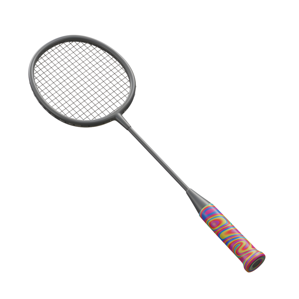 A stylish badminton racket with a dark grey frame and a colorful, swirling grip. Ready for a game png
