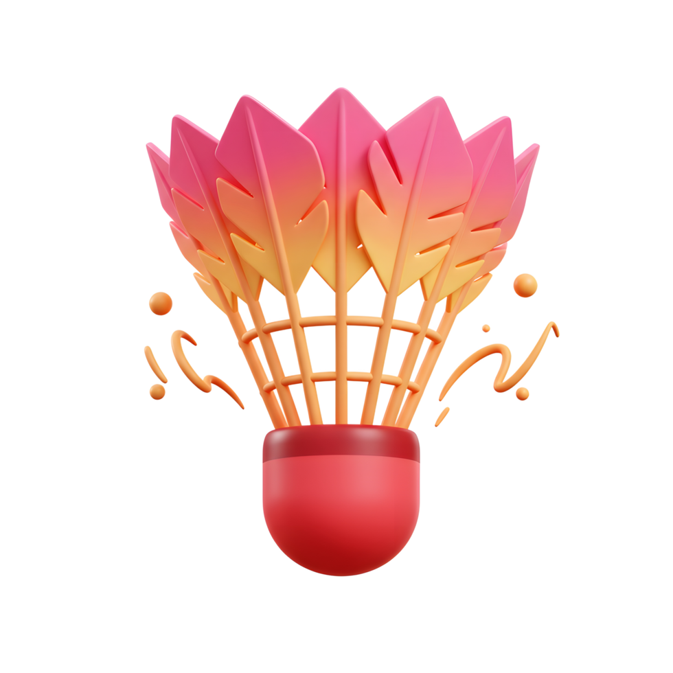 A cheerful, stylized shuttlecock bursts with warm-toned feathers, dynamic movement suggested by playful orange splashes. Fun, energetic design png