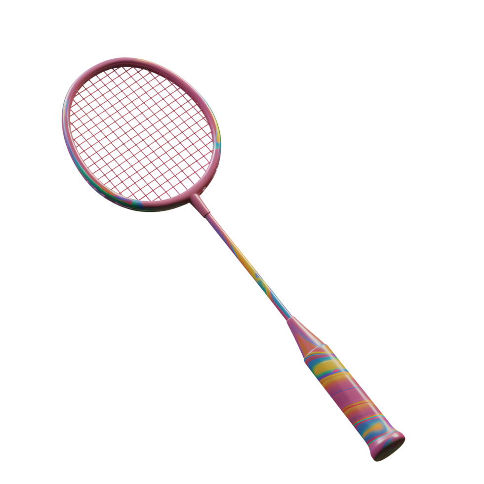 A playful badminton racket bursts with rainbow hues Its pastel pink frame and vibrant swirl grip create a fun, energetic vibe. png