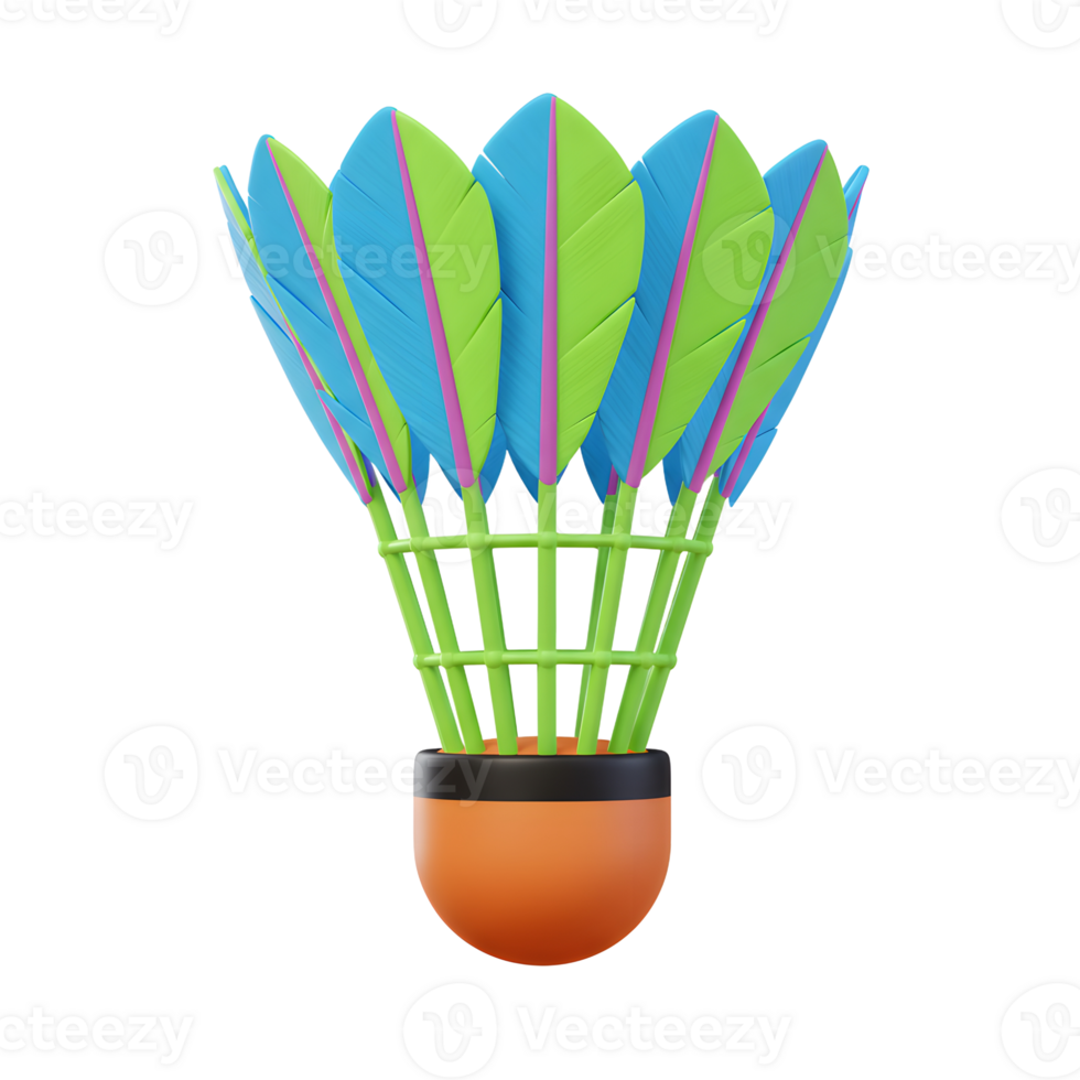 A vibrant badminton shuttlecock, playfully rendered in 3D, boasts bright blue and green feathers. Its cheerful design creates a fun, energetic mood. png