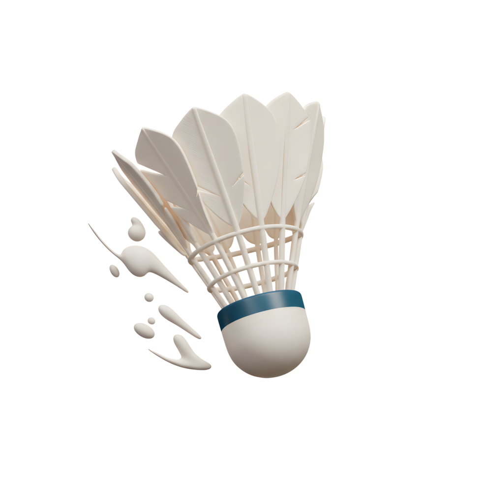 A pristine white shuttlecock, feathers slightly askew, seems to burst into motion against a stark white backdrop, creating a clean and dynamic feel. png