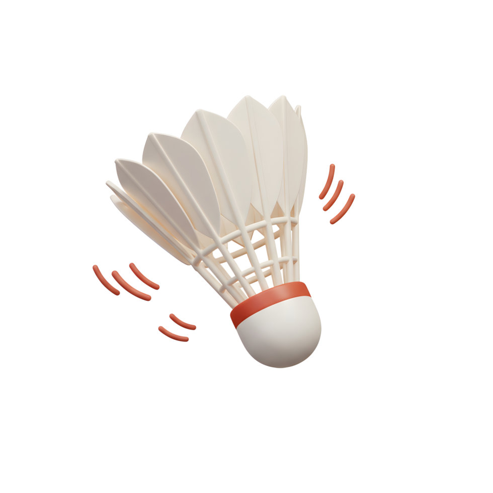 A cheerful 3D rendering of a badminton shuttlecock mid-flight, its feathers slightly blurred, suggesting swift movement and playful energy. png