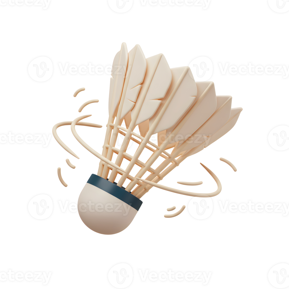 A creamy-beige shuttlecock spins dynamically against a white backdrop. Its feathery skirt and dark base are detailed. Playful, simple, and sporty png