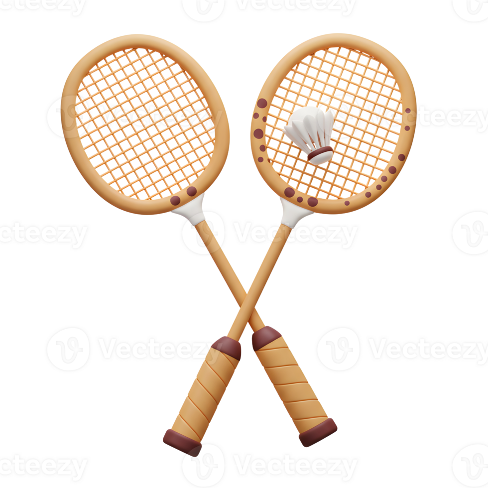 Two crossed badminton rackets, adorned with brown spots, hold a shuttlecock. A playful, rustic charm fills the scene. png