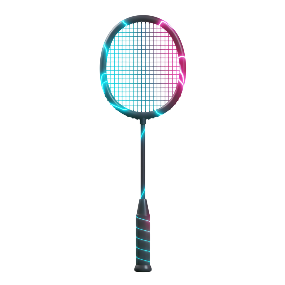 A sleek, black badminton racket glows with vibrant pink and blue neon accents. The energy is electrifying, perfect for dynamic gameplay png
