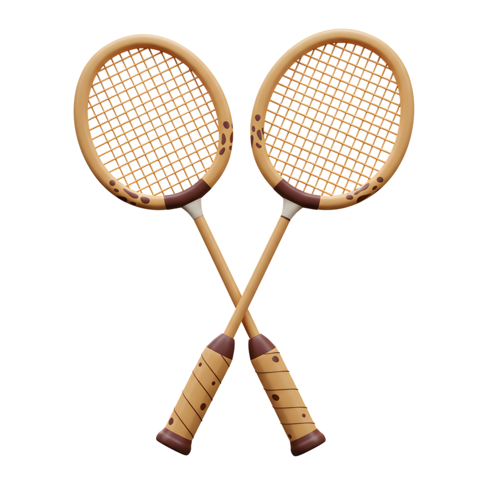 Two charming, rustic wooden rackets, adorned with playful brown spots, cross playfully against a bright white background. A touch of whimsical charm. png