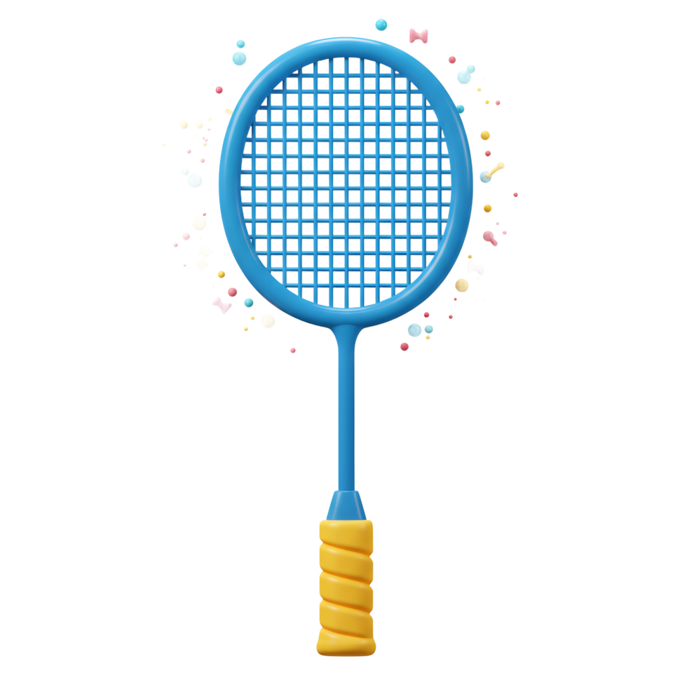 A cheerful blue badminton racket takes center stage, surrounded by a playful burst of colorful confetti. The scene is lighthearted and fun, perfect for active kids png