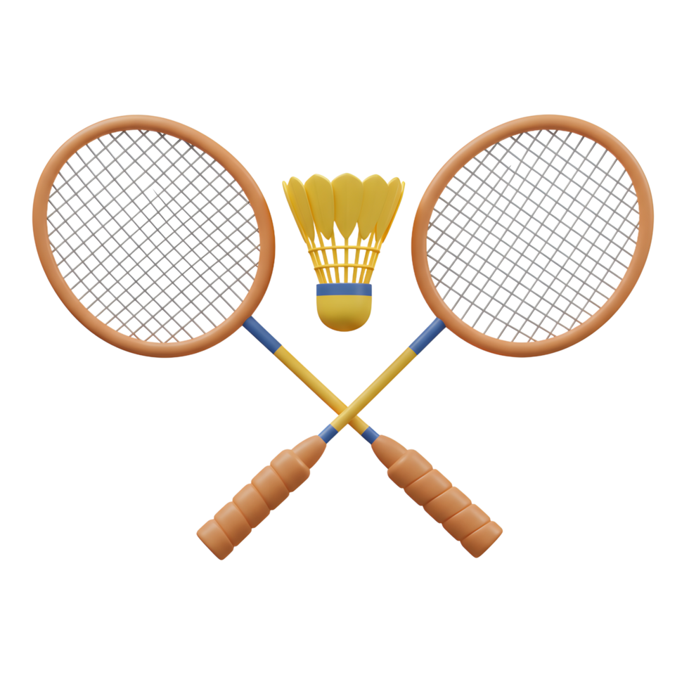 Two cheerful, crossed badminton racquets with a bright yellow shuttlecock in the center. A fun, sporty image png