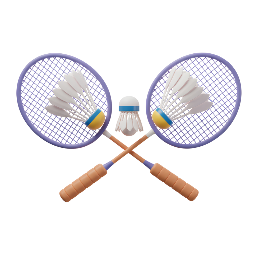 Two purple badminton racquets, crossed and adorned with fluffy shuttlecocks, create a lively and playful 3D image. The scene evokes a sense of friendly competition and sporty fun. png