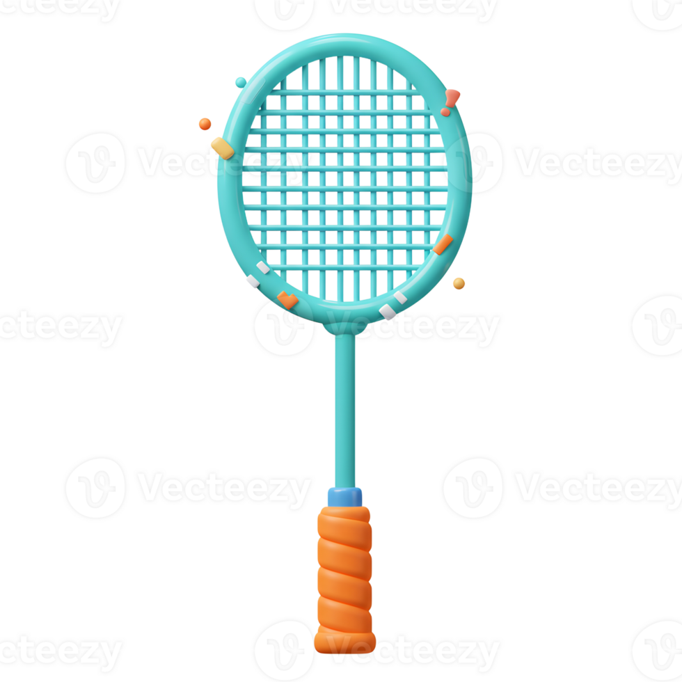 A cheerful teal badminton racket pops against a white background, adorned with playful confetti. Its orange grip adds a vibrant touch, evoking a fun, energetic mood. png