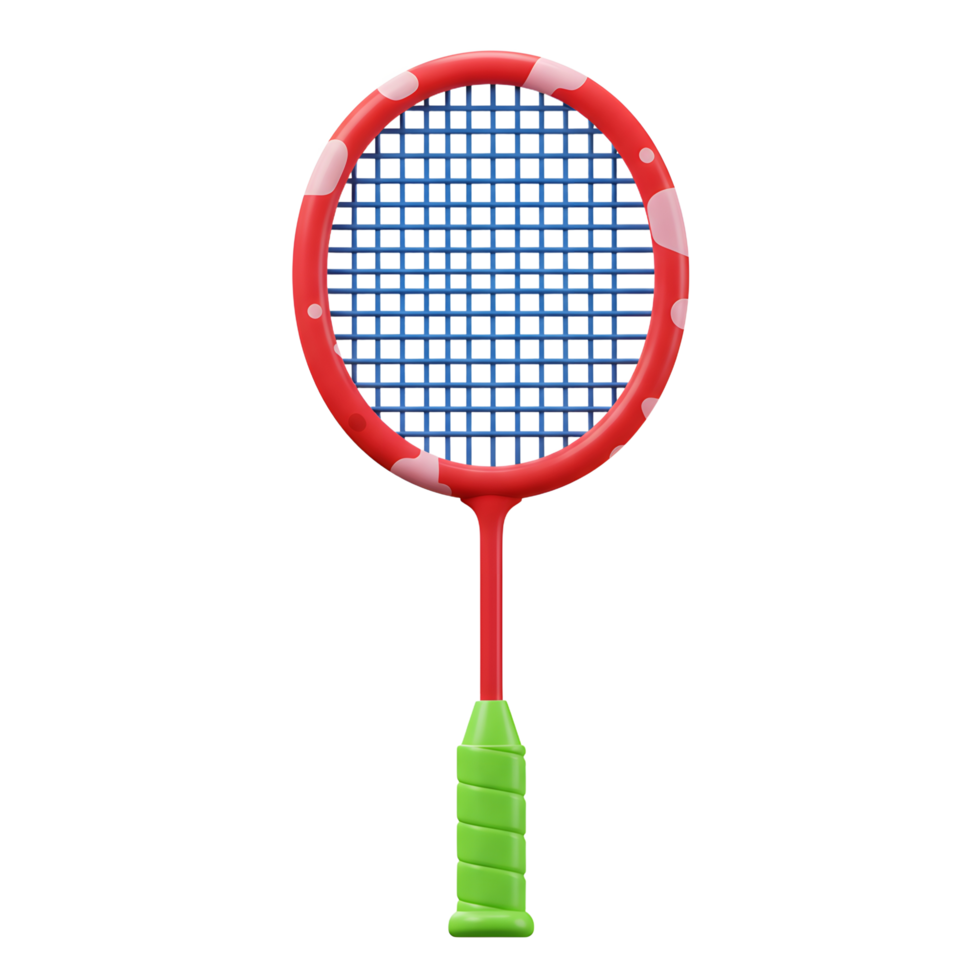 A cheerful badminton racket with a vibrant red frame adorned with playful spots, a bright blue net, and a fun green grip. Ready for a game png