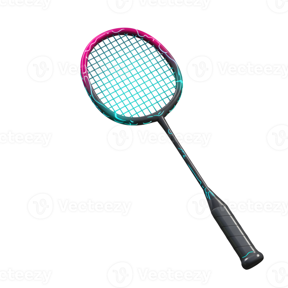 Catch the vibrant energy This sleek badminton racket boasts a neon pink and teal design, promising dynamic gameplay. A must-have for any serious player. png