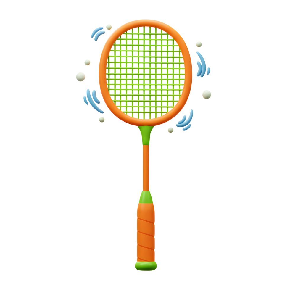 A cheerful orange badminton racket, playfully depicted in 3D, floats against a white backdrop with light blue and white accents suggesting movement. It's a vibrant and fun image png