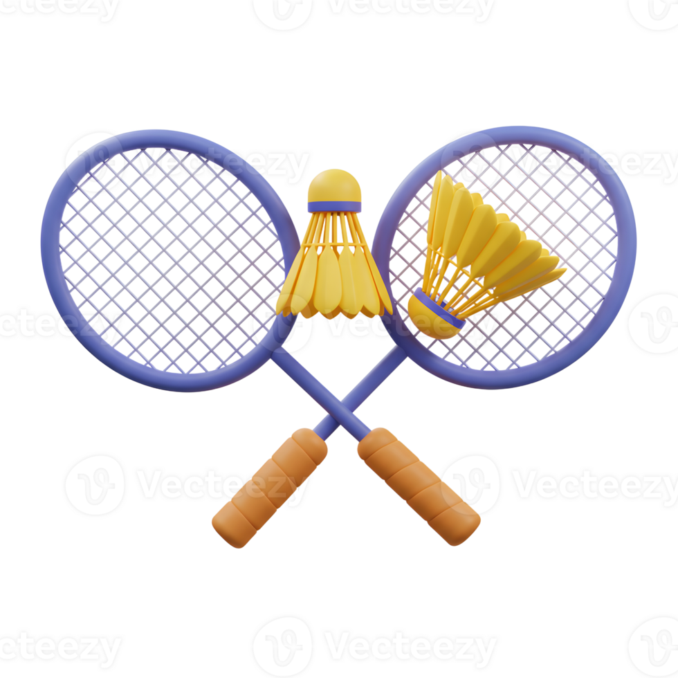 Two vibrant purple badminton racquets playfully cross, adorned with cheerful yellow shuttlecocks. A fun, lighthearted scene png