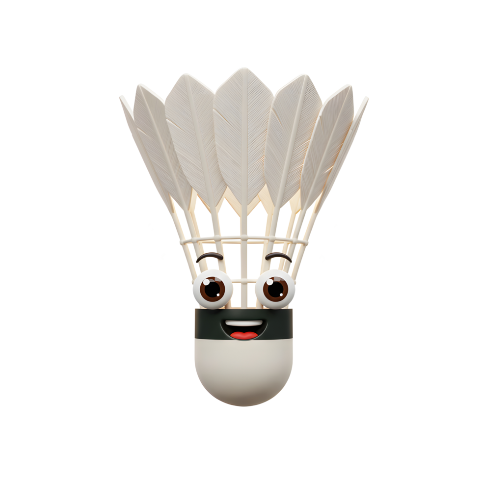 A happy badminton shuttlecock smiles brightly, surrounded by sparkling lights. Its cheerful expression and detailed feathers create a fun, playful mood. png