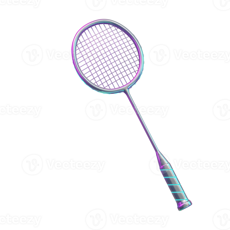 A sleek, metallic badminton racket gleams with iridescent purple and teal accents. The detailed head and grip exude a modern, sporty feel. png