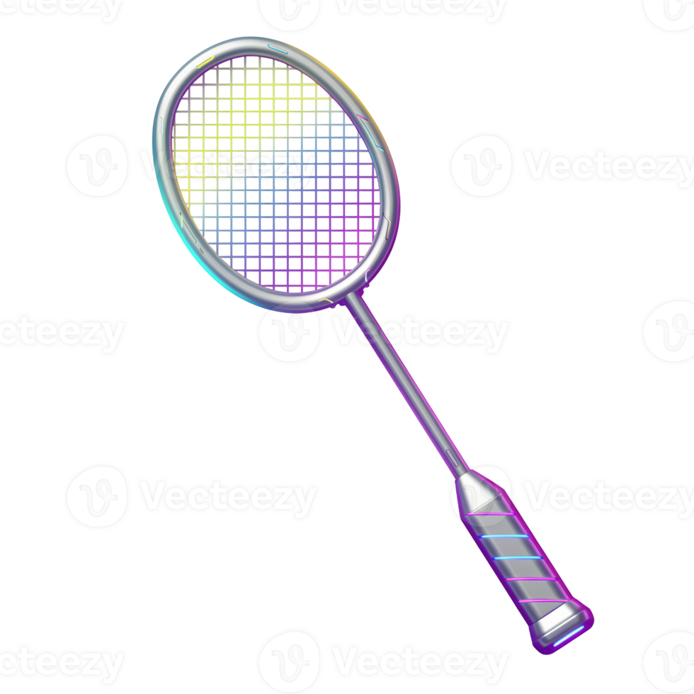 A vibrant badminton racket shines, its metallic frame gleaming with iridescent rainbow hues. A stylish and modern design. png