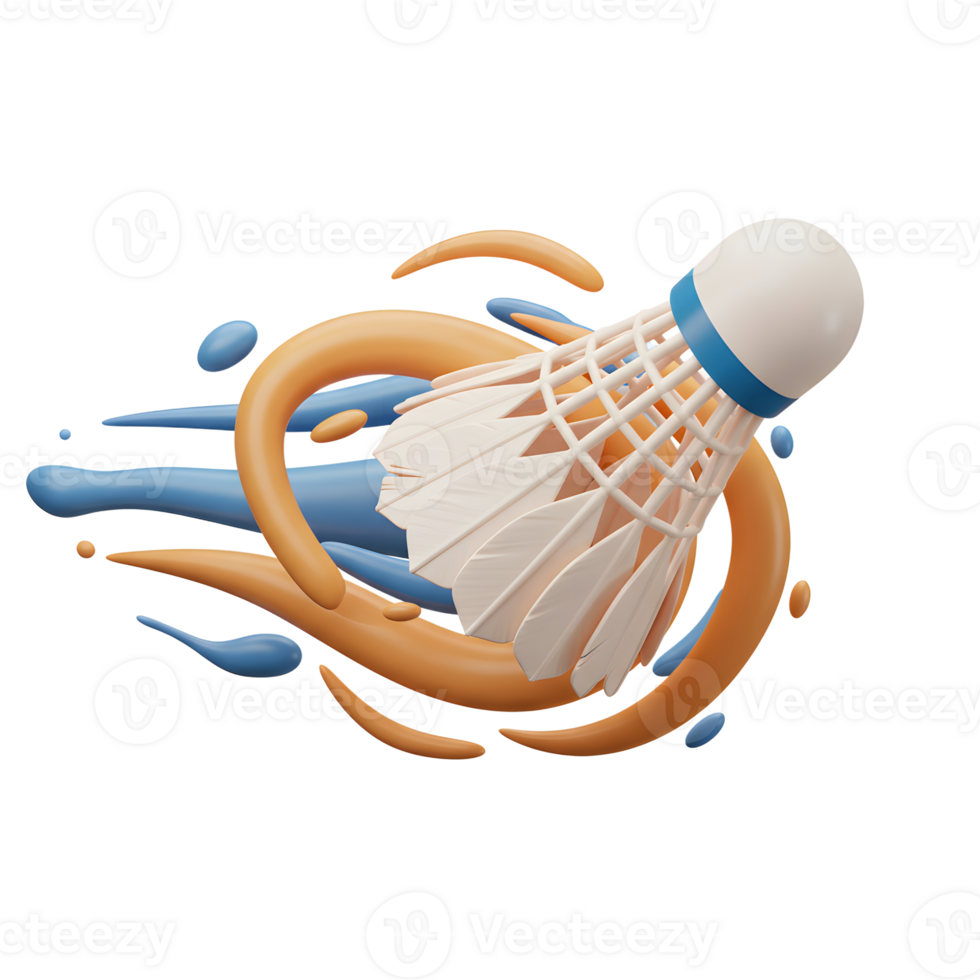 A badminton shuttlecock bursts through vibrant orange and blue paint splashes, creating a dynamic and energetic visual. The scene is lively and full of motion. png