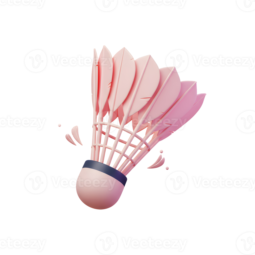 A charming, pastel-pink badminton shuttlecock floats, feathers slightly askew, against a crisp white backdrop. Its playful 3D style evokes a sense of lightheartedness and movement. png