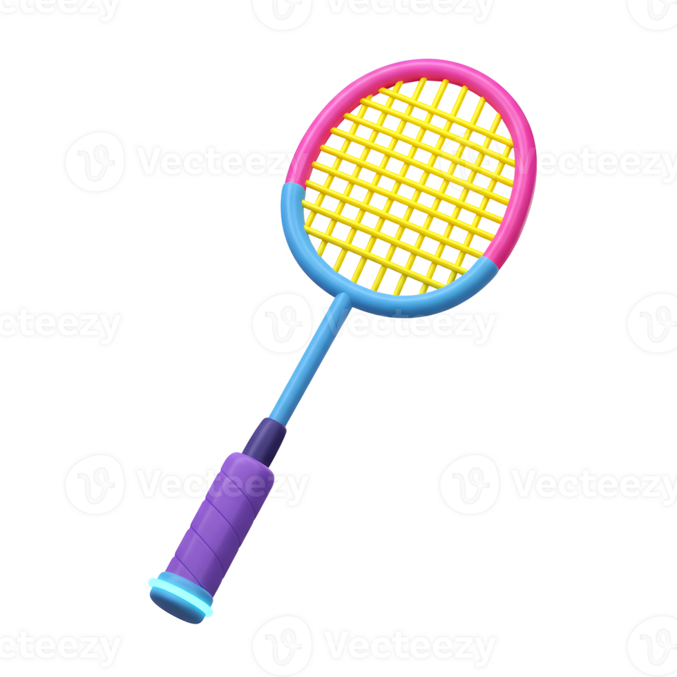 A vibrant badminton racket, rendered in 3D, boasts a playful design with pink, blue, and yellow accents. Its cheerful colors and smooth curves create a fun, energetic vibe. png