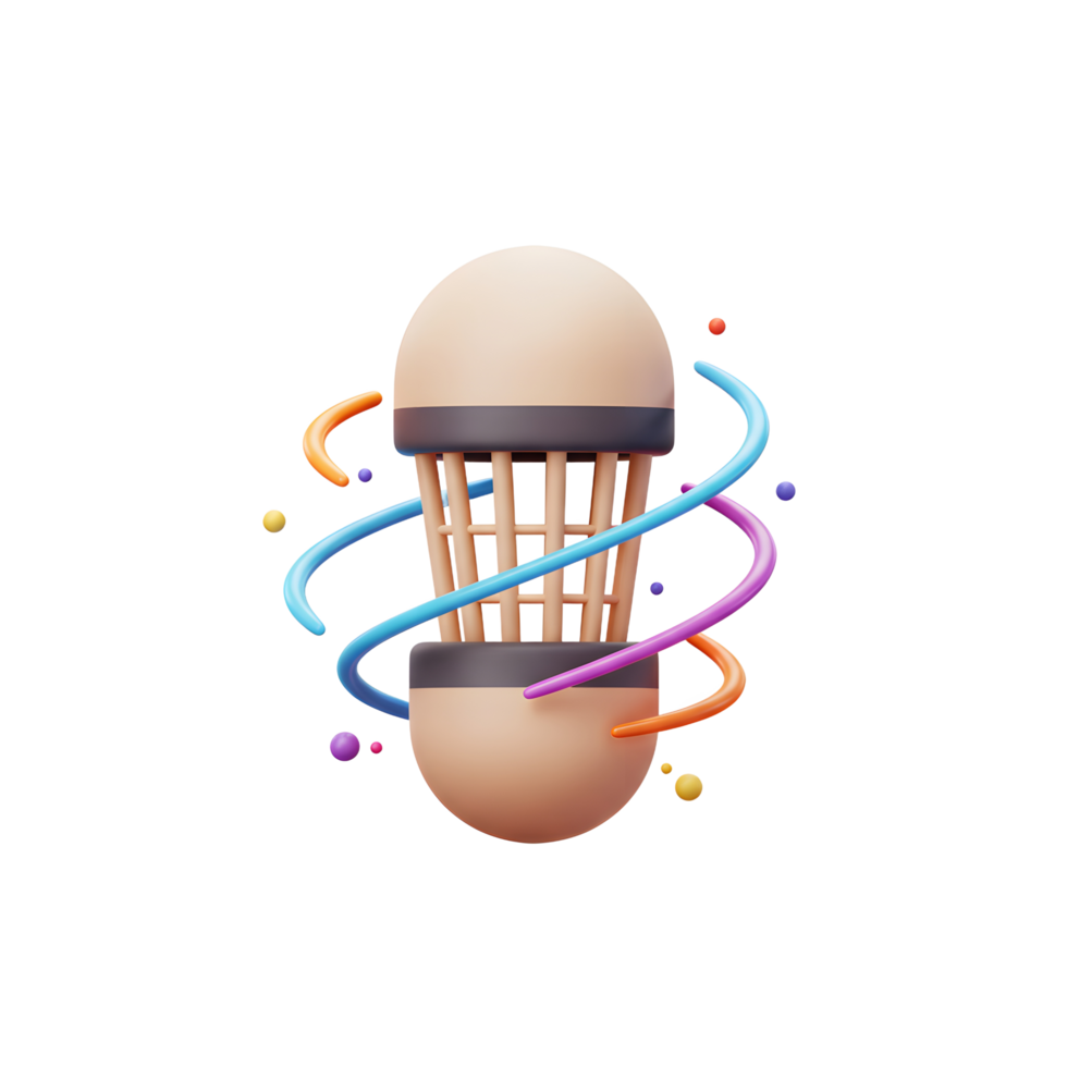 A whimsical 3D-rendered shuttlecock floats amidst pastel swirls and vibrant dots. Playful and dynamic, it evokes a feeling of fun and energy. png
