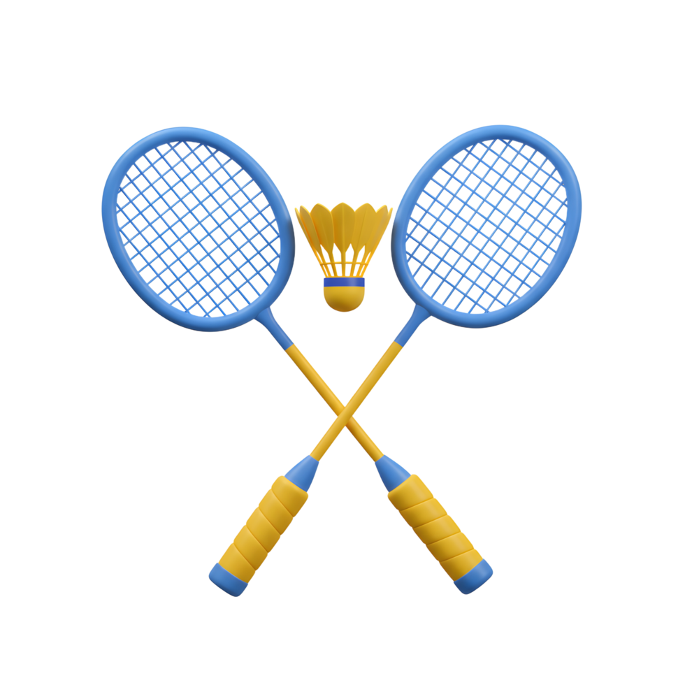 Two vibrant blue and yellow badminton racquets, crossed playfully with a shuttlecock in between, create a cheerful and dynamic image. Perfect for sports themes png