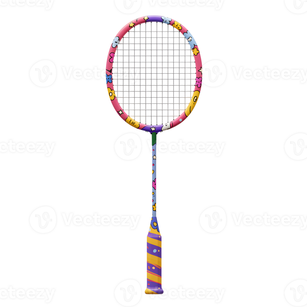 A cheerful badminton racket boasts a vibrant, hand-drawn design. Its pink frame is adorned with playful doodles, creating a fun and energetic vibe. png