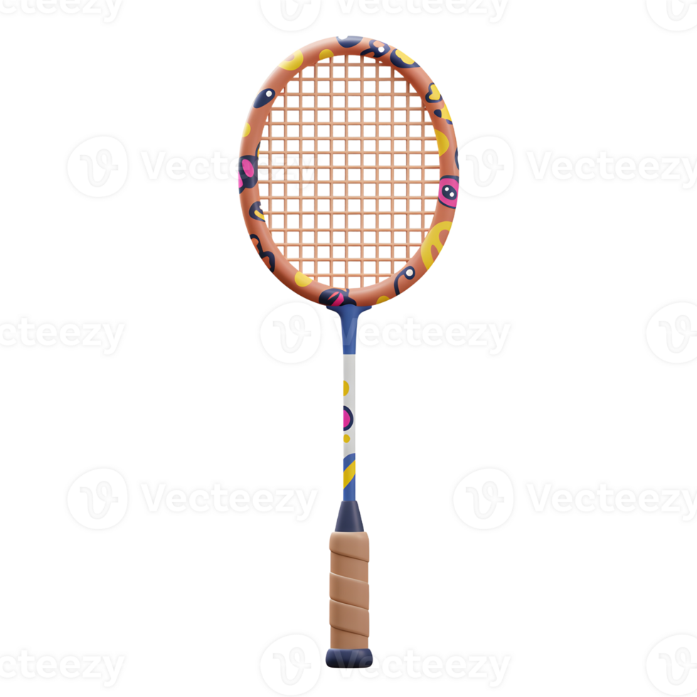 A vibrant badminton racket with a playful abstract pattern pops against a clean white background. The cheerful design adds a fun, energetic mood. png