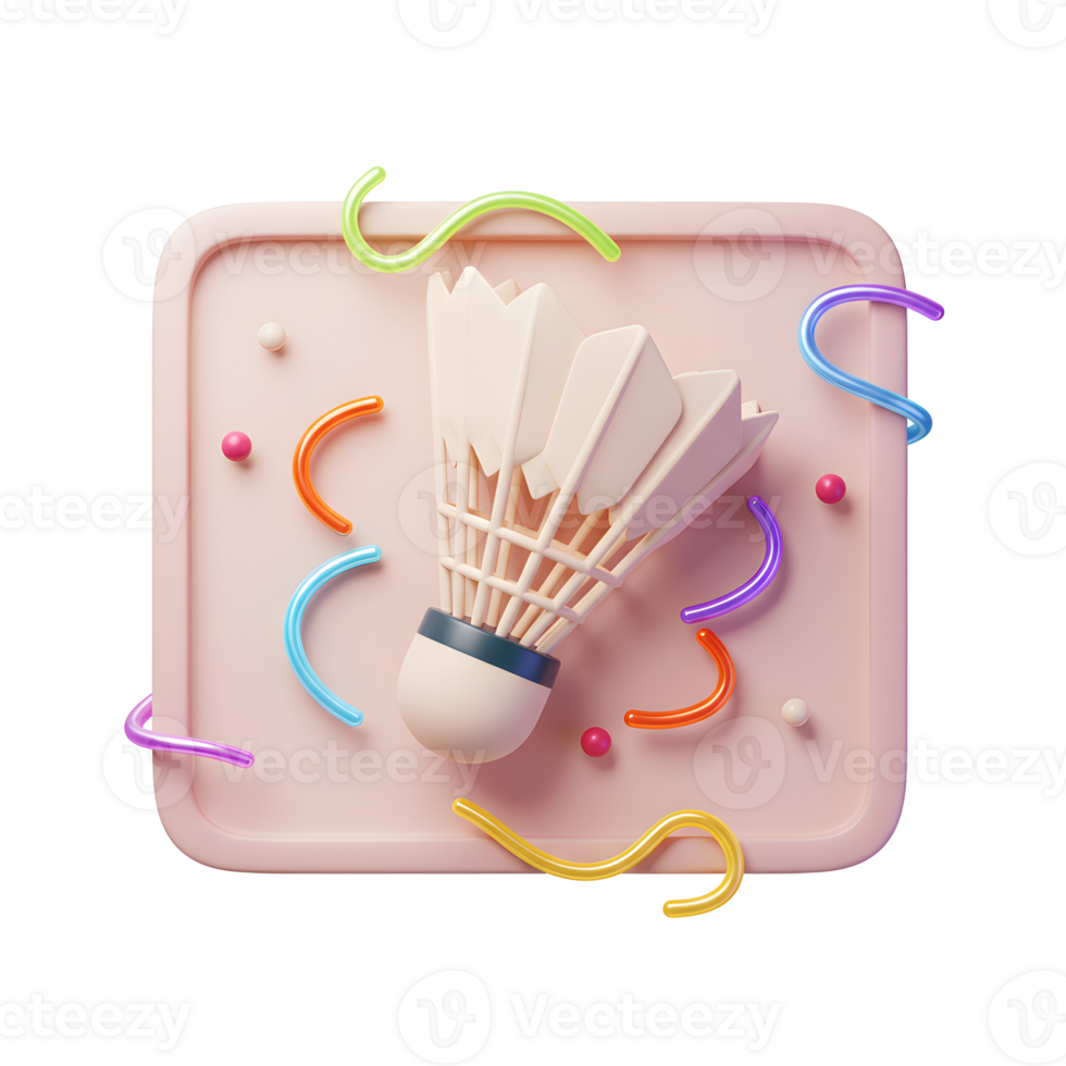 A cheerful badminton shuttlecock rests on a soft pink square, surrounded by playful colorful swirls. The scene is bright, fun, and full of energy. png