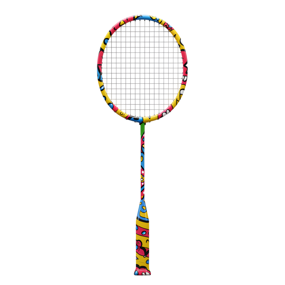 A cheerful badminton racket pops against a white background. Its frame and handle boast a playful, colorful design, evoking a fun and energetic mood. png