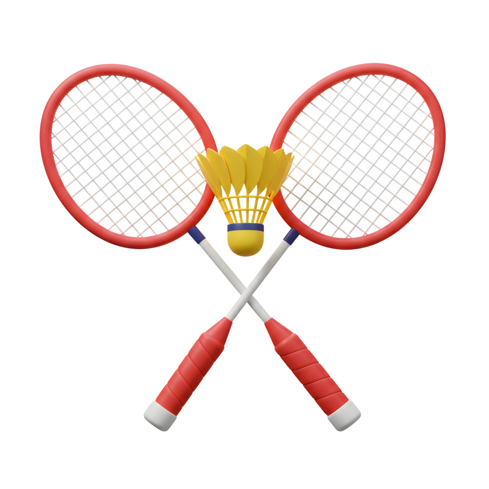 Two vibrant red badminton racquets crossed, with a cheerful yellow shuttlecock centered. A playful, sporty image. png
