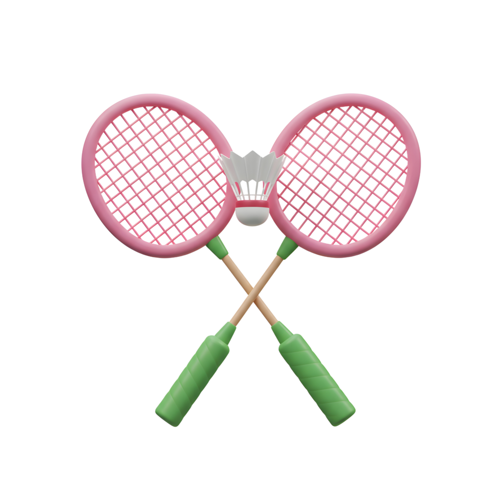 A pair of charming pink badminton rackets playfully cross, a shuttlecock nestled between them. Lighthearted and cheerful, this 3D image evokes a sense of fun and activity. png
