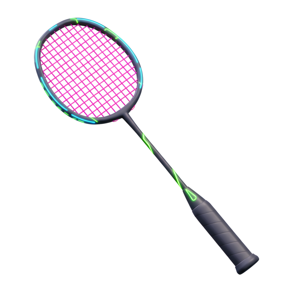 Catchy neon accents pop on this sleek badminton racket. The pink and purple mesh contrasts stylishly with the dark gray handle. Ready for a game png