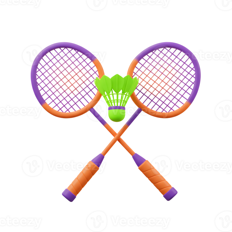 Two bright orange and purple badminton rackets are playfully crossed, with a lime green shuttlecock nestled in the center. A cheerful and energetic sports image. png