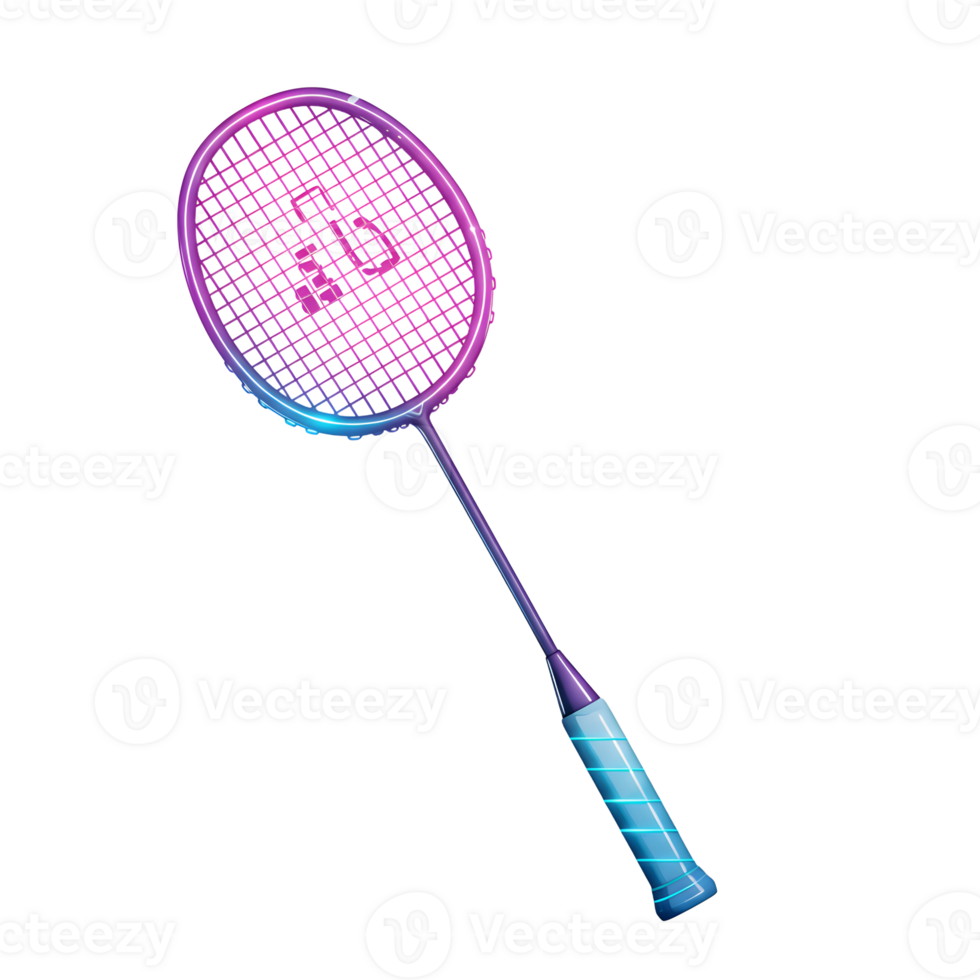 A vibrant badminton racquet glows with neon pink and blue accents. Its sleek design and radiant colors create a dynamic and energetic feel. png
