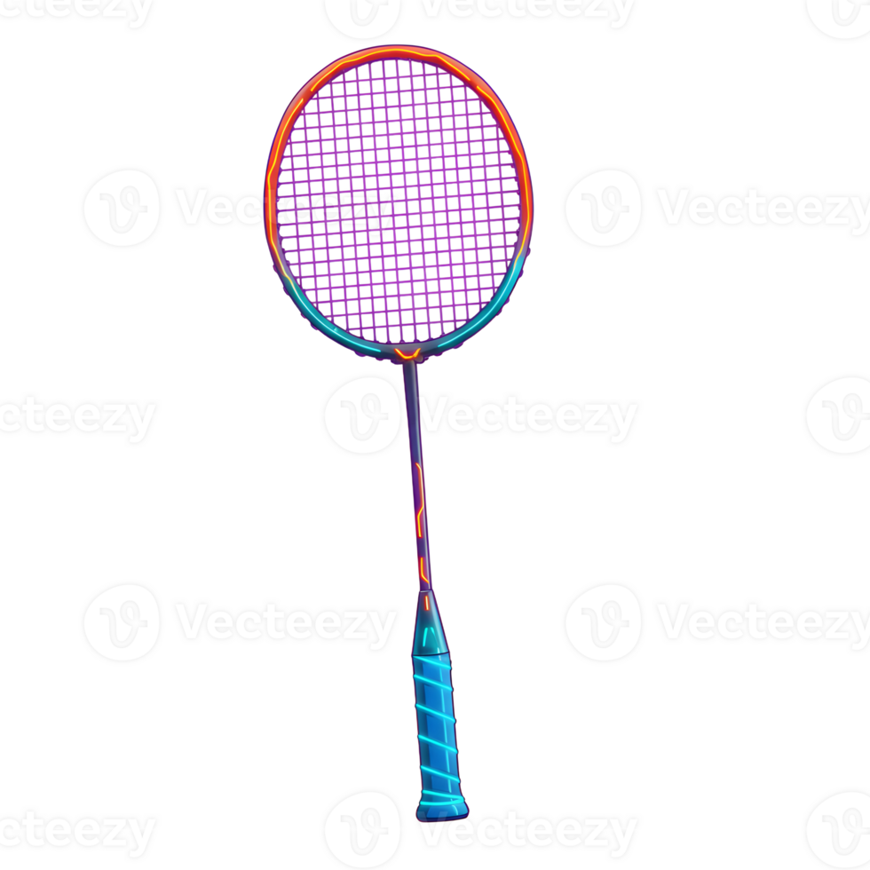 A dynamic badminton racquet shines with neon accents against a clean white background. The purple mesh and blue grip create a striking visual. Energetic and stylish png