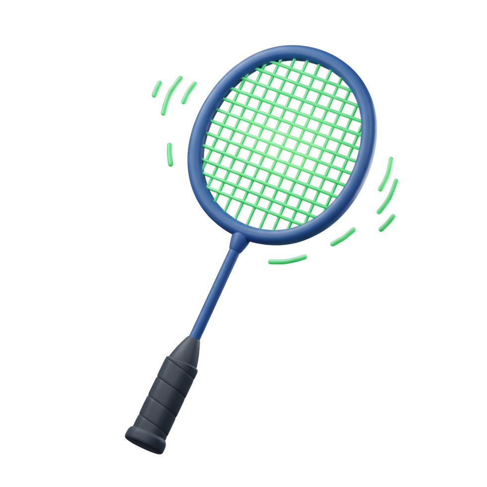 A vibrant blue badminton racket, playfully rendered in 3D, seems to be in motion, ready for a thrilling match. The green netting adds a pop of color. png