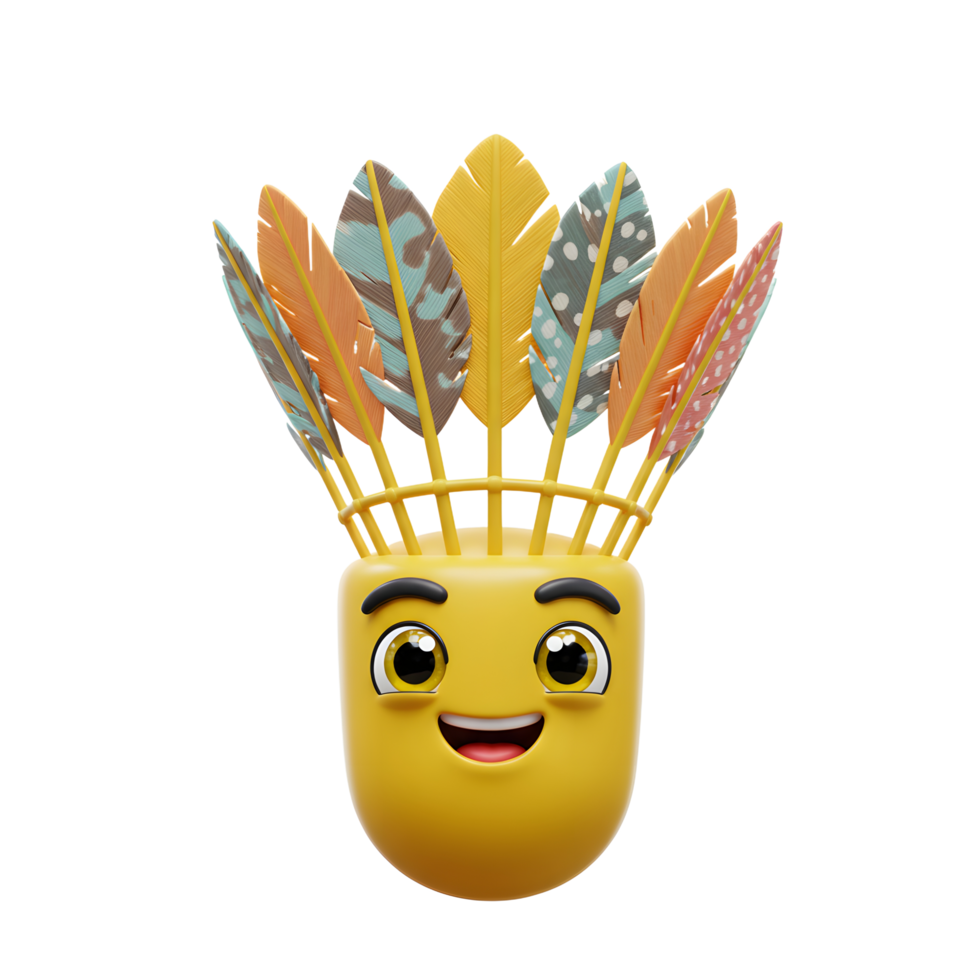 A cheerful yellow emoji smiles brightly, adorned with a vibrant headdress of colorful feathers. Playful and optimistic mood png