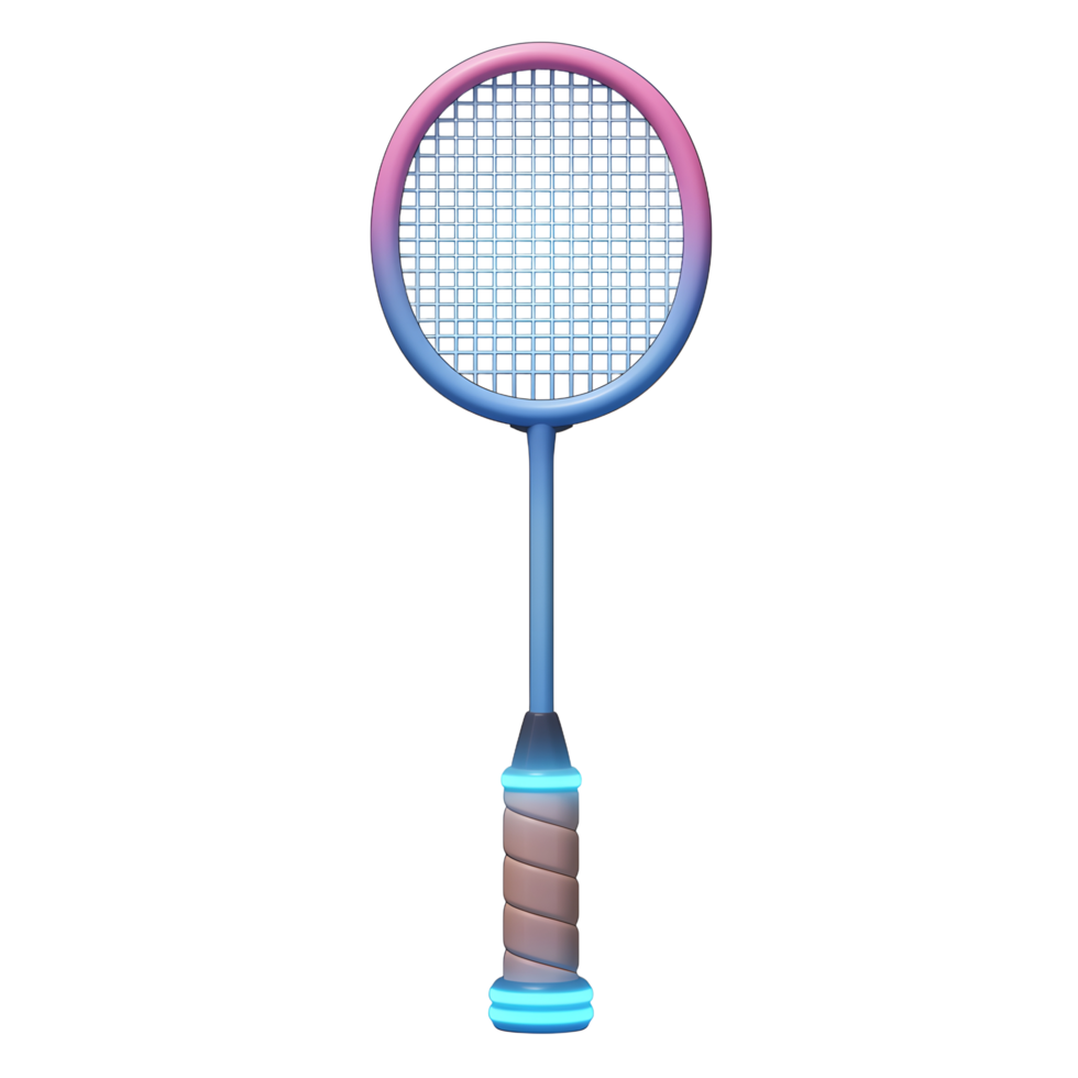 A stylish badminton racket, boasting a pastel pink and blue ombre design, glows with neon accents. The illustration creates a playful, energetic mood. png