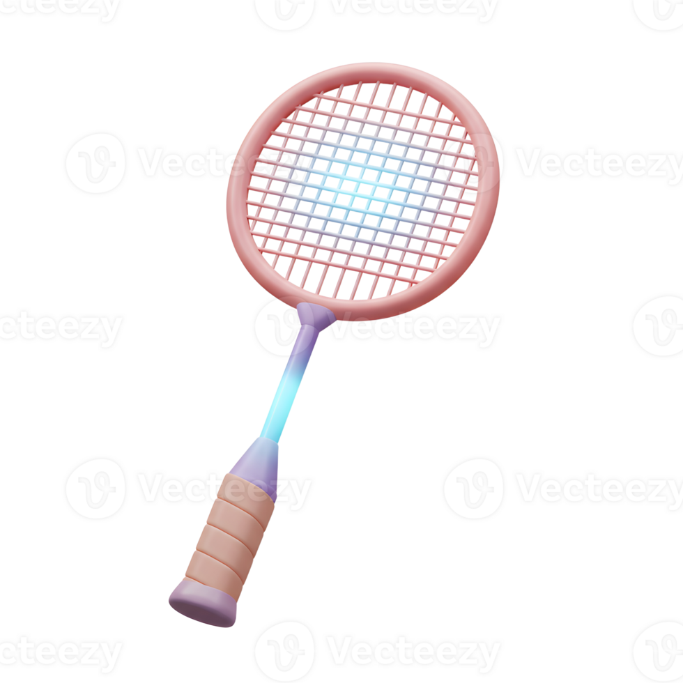 A charming pastel pink badminton racket, subtly glowing, invites a fun game. Its 3D style and soft colors create a lighthearted mood. png